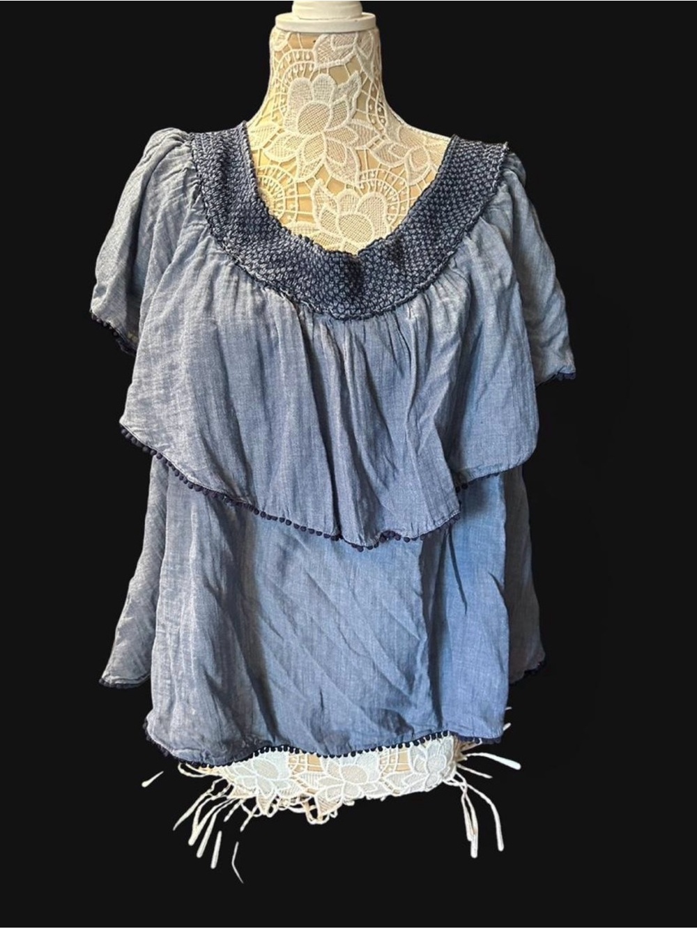 Lane Bryant Chambray Blue Layered Ruffle Blouse with Smocked Yoke